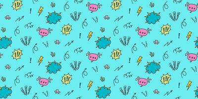 Seamless pattern with cartoon comics of the 80-90s. Speech bubble, lightning, exclamation marks and abstract shapes on a turquoise background. For wallpaper, textile and digital media. vector