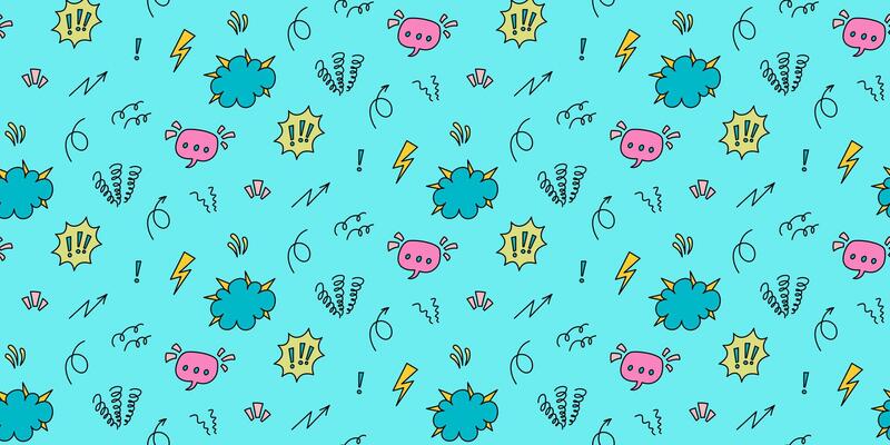 Seamless pattern with cartoon comics of the 80-90s. Speech bubble, lightning, exclamation marks and abstract shapes on a turquoise background. For wallpaper, textile and digital media.