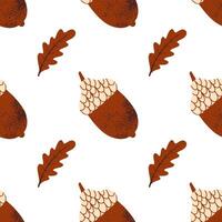 Forest seamless pattern. Hand draw leaf and acorn. vector