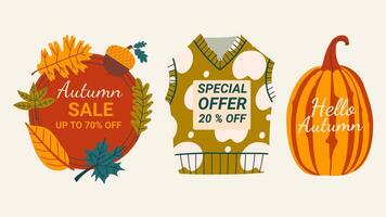 Autumn sale budges set. Fall discount collections labels with different cute cartoon elements. vector
