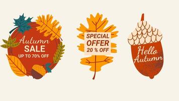 Autumn sale budges set. Fall discount collections labels with different cute cartoon elements. vector