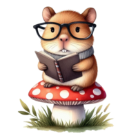 aigenerated a hamster wearing glasses and reading a book on a mushroom png