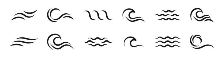 Flat black wave icons. Water wave icon set. Wave symbol collection. EPS 10 vector