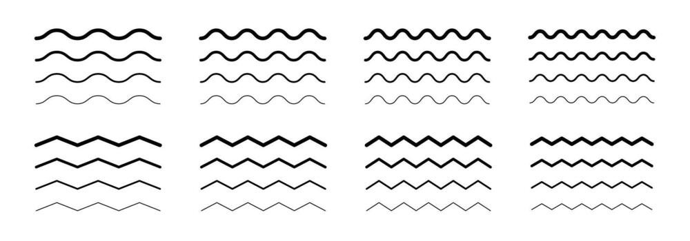 zigzag líneas. curvilíneo líneas recopilación. horizontal ola líneas colocar. zig zag ondulante líneas. ondulado líneas. olas conjunto vector