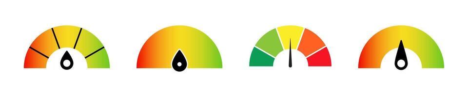 Speedometer scale illustration. Risk meter icon set. Scale icons. Low, Medium or High risk on speedometer. Risk speedometer icons. High risk meter vector