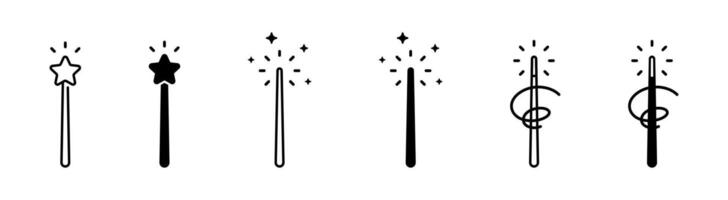 Magic wand icons. Magic wand illustration. Wizard tool. Magic and miracle symbols. Wizard stick icons vector