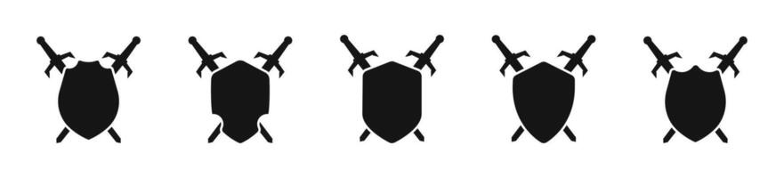 Sword and shield icon set. Sword and shield silhouette. Crossed swords and shields. vector