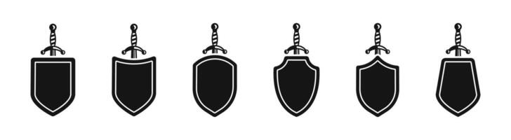 Sword and shield icon set. Sword and shield silhouette. Shield and sword icon logo. Medieval sword and shield. Ancient symbols vector
