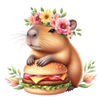 aigenerated capybara with flowers on its head and a hamburger png