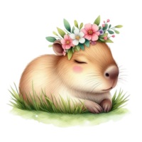 aigenerated cute capybara with flowers on her head, isolated on transparent background png