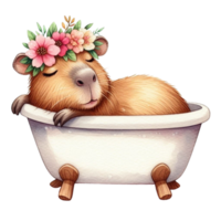 aigenerated cute little capybara in a bathtub with flowers isolated on transparent background png