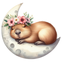 aigenerated a cute little rodent with flowers on its head is sleeping on the moon png