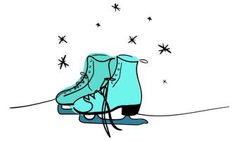 Continuous one line of pair of figure ice skates blue cold color hanging in silhouette on white background. Winter illustration vector