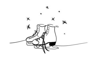 Continuous one line of pair of figure ice skates hanging in silhouette on white background. Winter illustration. vector