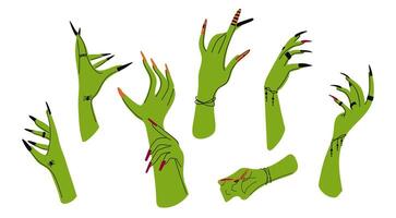 A set of zombie hands on a white background. An isolated collection of rotten blue hands with damage. Hands from the graves. Printing for Halloween party cards, T-shirts, stickers, mugs vector