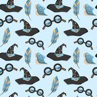 Seamless pattern with wizard charm elements is magical, whimsical, enchanting, and mysterious vector