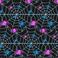 Seamless pattern of multi-colored spiders crawling on the web vector