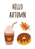 Flat style illustration with autumn theme featuring a pumpkin spice drink, donut, and autumn leaf. Perfect for seasonal greetings, social media, or promotional designs. vector