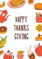 Flat style Thanksgiving greeting card with festive food and autumn elements like turkey, pumpkin, pie, and hot drinks. Ideal for Thanksgiving wishes, social media posts, and invitations. vector