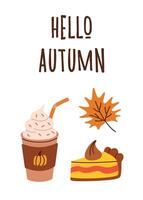 Flat style autumn illustration with pumpkin spice drink, fall leaf, and cake slice. Perfect for seasonal greetings, social media posts, or cozy autumn designs. vector