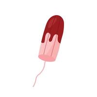 Stylized tampon illustration with pink body, blood and extended string, symbolize menstrual use vector