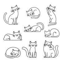 Set of cute cat, minimalist icons. Simple black outline illustrations with playful kittens in various poses. vector