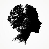 Silhouette of a woman profile blended with trees, symbolizing harmony between nature and humanity vector