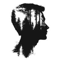 Silhouette of a man profile blended with trees, symbolizing harmony between nature and humanity. Double exposure logotype vector
