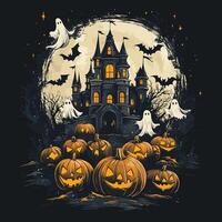 Haunted castle with glowing pumpkins and ghostly figures during Halloween night. Creepy bats, pumpkins, and moon. vector