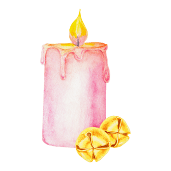 rosado ardiente cera vela y dorado metal cascabeleo campana. cortar afuera, aislado acortar Arte. mano dibujado acuarela ilustración para evento, Navidad y contento nuevo año huellas dactilares y decoraciones, invitaciones, tarjetas png