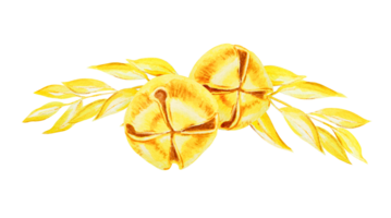 Golden metal round Jingle bell, branch with foliage. Hand drawn watercolor clip art. Element of New Year and Christmas design. Cut out, isolated musical symbol of winter is suitable for holiday prints png