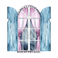 Vintage window. An arched window with blue shutters and a white glazed frame and pink curtains. A watercolor illustration made by hand. Highlight it. A design element. png