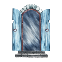 Vintage open double-leaf door. A blue arched wooden door with stone steps. A watercolor illustration made by hand. Highlight it. A design element for home, children's games, postcards. png