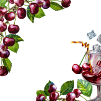 Cherry frame. A glass of cherry juice and branches with ripe cherry fruits. A hand-drawn watercolor illustration. For the design of labels, packaging and banners. For menus and postcards. png
