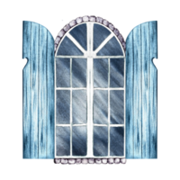 Vintage window. An arched window framed in brick, with open blue shutters and a white glazed frame. A watercolor illustration made by hand. Highlight it. A design element for home, children's games. png