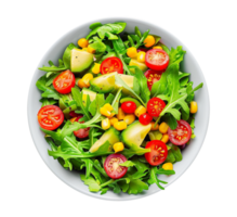 a salad with tomatoes, corn and avocado on a white plate png