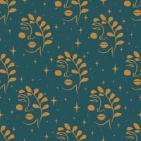 Female faces with natural elements seamless pattern. Continuous line pattern, drawing of woman. Fashion concept vector