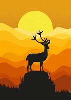 Silhouette of deer standing on the cliff in the dusk. Magical misty landscape, sunset gradient illustration vector