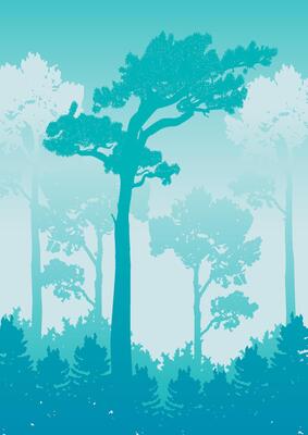 Silhouette of Yellowstone forest poster. Gradient blue landscape aesthetic tree illustration.