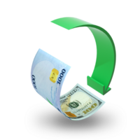 Nigeria Niara US dollar exchage rate concept, currencies covertion rate icon, symbol, sign, bending paper currency note with a round green arrow, 3D rendering png