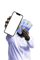 Black person holding Nigerian Naira notes and pointing phone with blank screen to the camera. Hand holding Nigerian currency notes, 3d rendered money isolated on a transparent background png