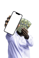 Black person holding Us dollar notes and pointing phone with blank screen to the camera. Hand holding American currency notes, 3d rendered money isolated on a transparent background png