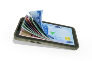 3D rendering of Nigerian naira notes inside a mobile phone isolated on transparent background. money coming out of mobile phone png