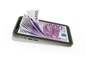 3D rendering of Euro notes inside a mobile phone isolated on transparent background. money coming out of mobile phone png