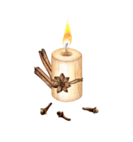 Rustic cylindrical burning candle tied with cinnamon rope watercolor illustration. Isolated from the background. The candle has a warm, natural tone and is perfect for adding a cozy touch any design. png