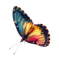 A vibrant, multicolored butterfly effortlessly soars against a clear, transparent background. Its delicate wings shimmer with a myriad of hues, creating a captivating display of natural beauty. png