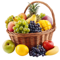 A rustic wicker basket overflowing with various fresh fruits on a clear, transparent background. The vibrant colors of the fruit contrast beautifully with the natural texture of the basket. png
