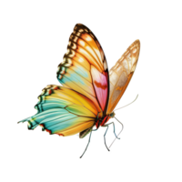 A vivid butterfly with kaleidoscopic wings captured mid-flight against a clear, open backdrop. Rich hues and delicate details create an ethereal moment frozen in time. png