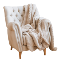 A cozy armchair enveloped in a meticulously knitted blanket, set against a transparent background, inviting warmth and comfort. Perfect for adding a touch of homely nostalgia to any creative project. png