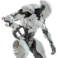 Futuristic Robot with Articulated Limbs A close-up visualization of a sleek, high-tech humanoid robot showcasing its intricate mechanical parts against a transparent background. png